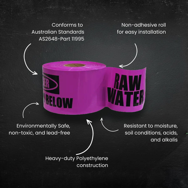 Mains Marker Tape - Buried Raw Water Main Below | 150mm x 500m