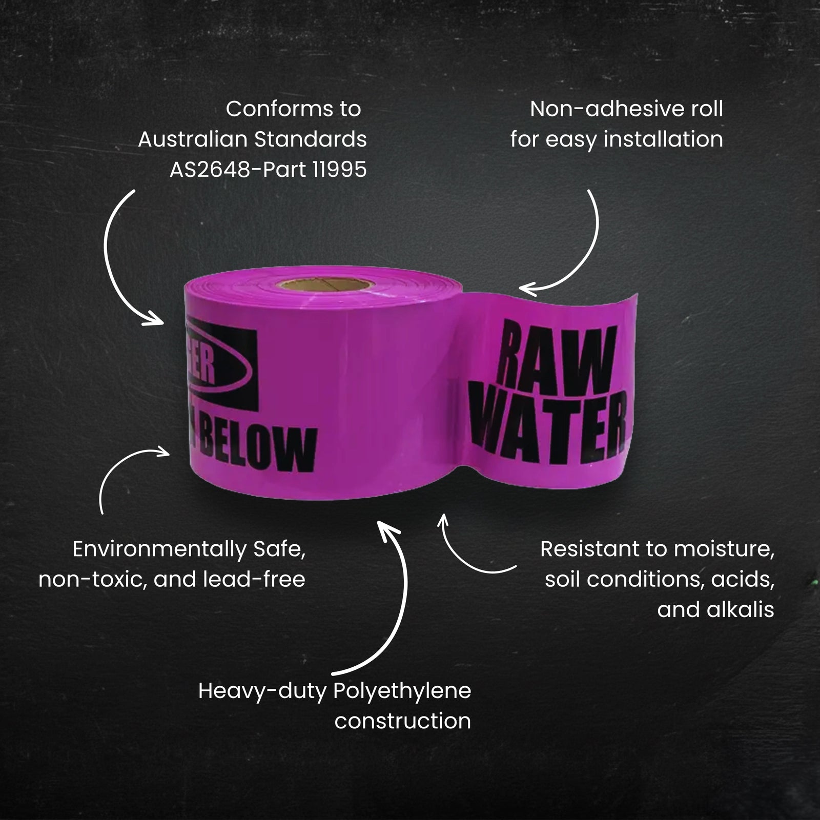 Mains Marker Tape - Buried Raw Water Main Below | 150mm x 500m