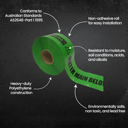 Mains Marker Tape - Buried Water Main Below | 150mm x 500m