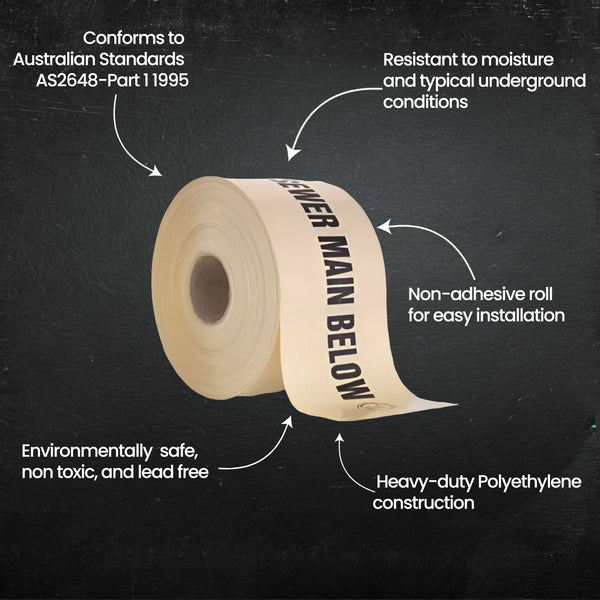 Roll of heavy-duty polyethylene with text highlighting its features on a black background