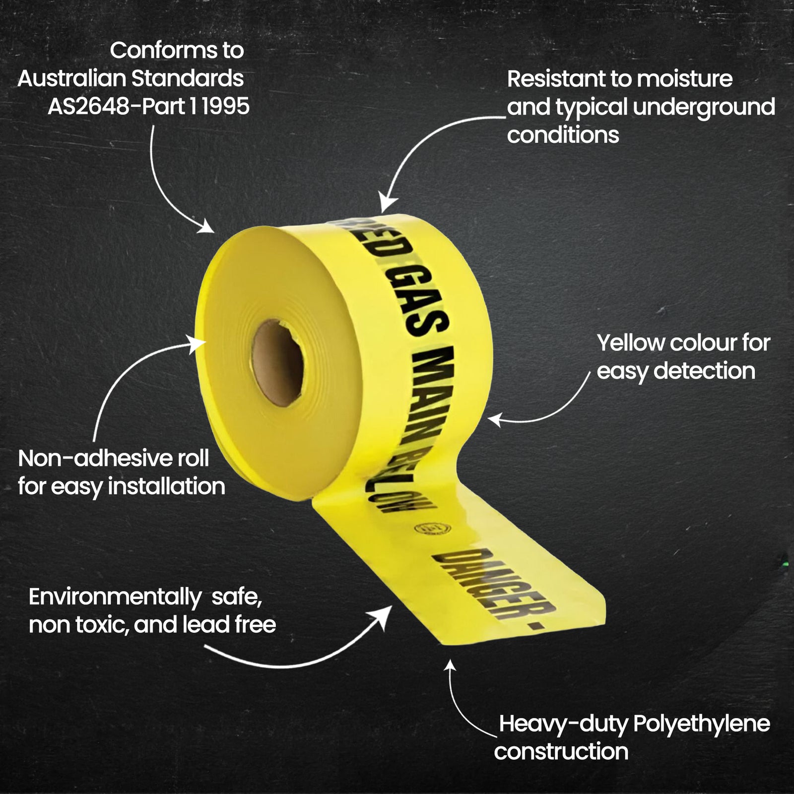 Yellow gas warning tape with text on a black background