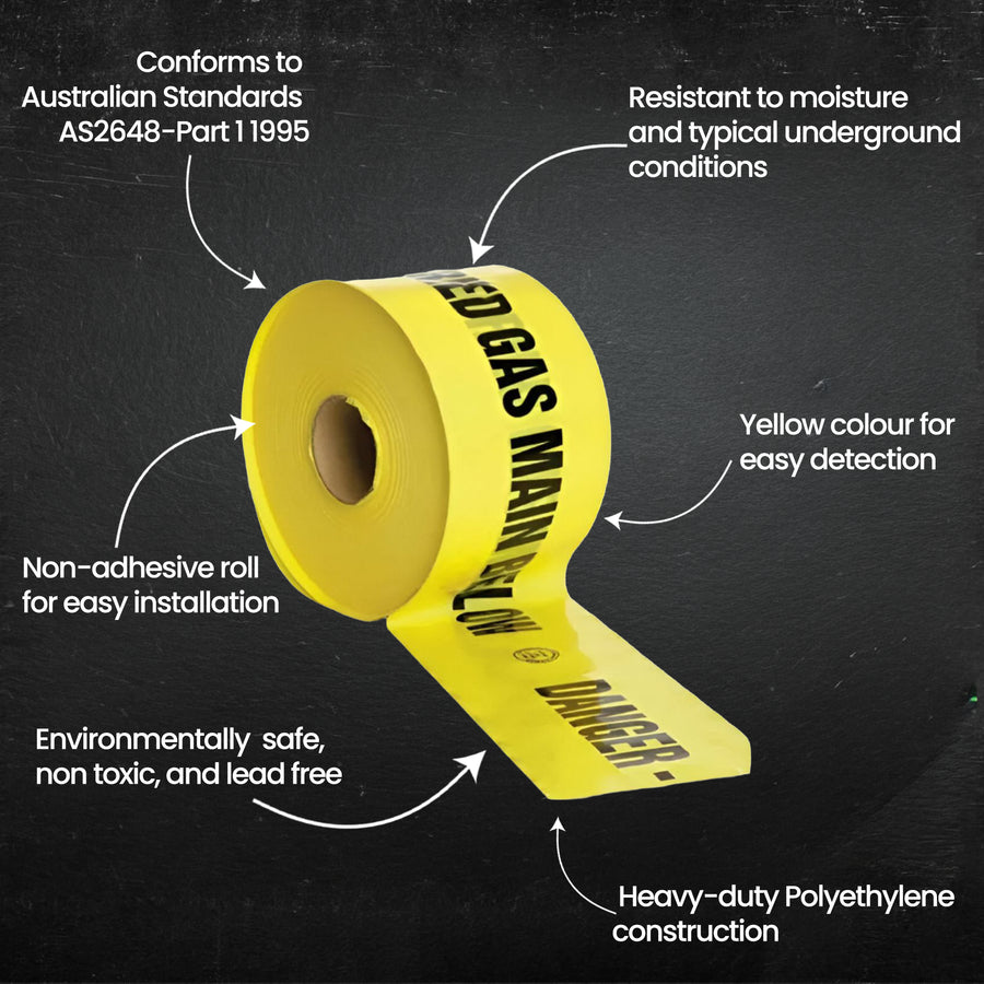 Yellow gas warning tape with text on a black background