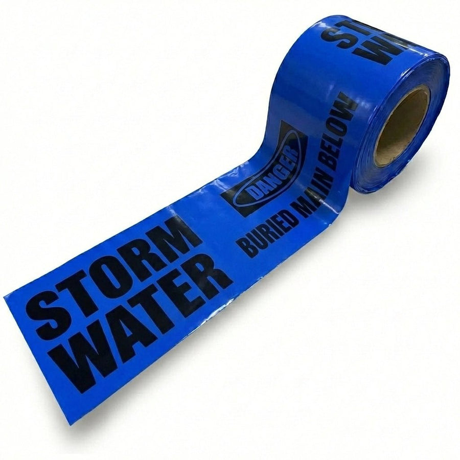 Roll of blue tape with 'STORM WATER' text on a white background