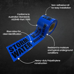 Blue roll of tape labeled 'STORM WATER' with features highlighted on a dark background