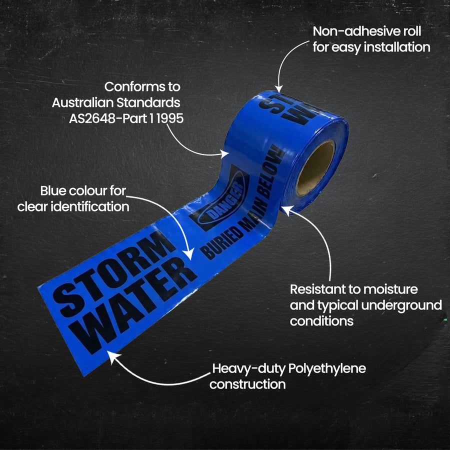 Blue roll of tape labeled 'STORM WATER' with features highlighted on a dark background