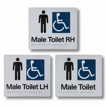 210mm x 180mm textured acrylic braille sign featuring raised male pictogram, wheelchair accessibility symbol, "Male Toilet (Accessible)" text, and Grade 1 Braille cells.