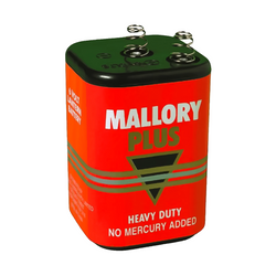 [Duracell Mallory Heavy Duty 6V Battery], showing the 6-volt lantern battery configuration with top-mounted spring terminals.