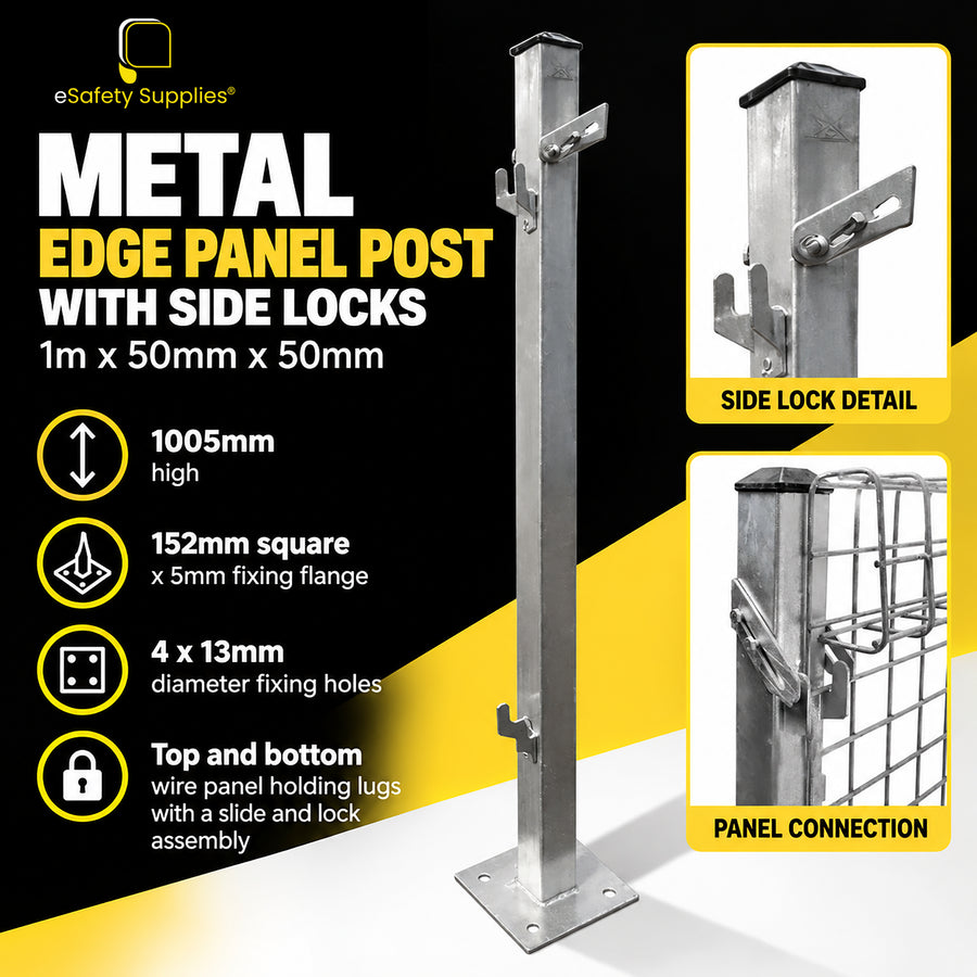 1005mm hot-dip galvanised RHS steel edge protection post featuring a 152mm square base flange and slide-and-lock panel mounting lugs.