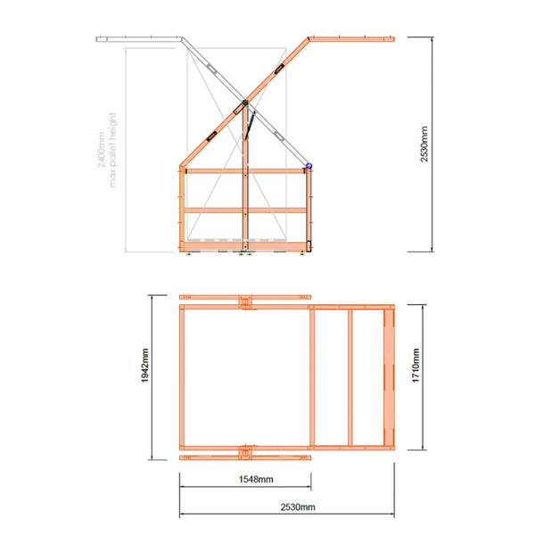 Gas-assisted mezzanine pallet gate in mid-pivot, showing the "up and over" safety design that keeps the platform edge protected during loading.
