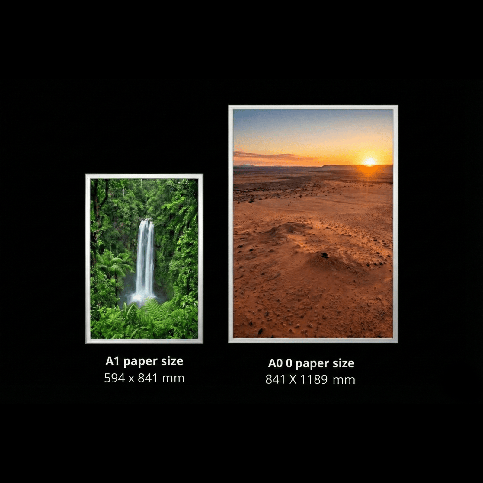 Two framed landscapes, one labeled A1 and the other A0, on a black background.