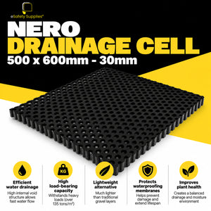 Black 500mm x 600mm x 30mm Nero drainage cell panel made from recycled polypropylene featuring an open lattice matrix for high-flow sub-surface water management.