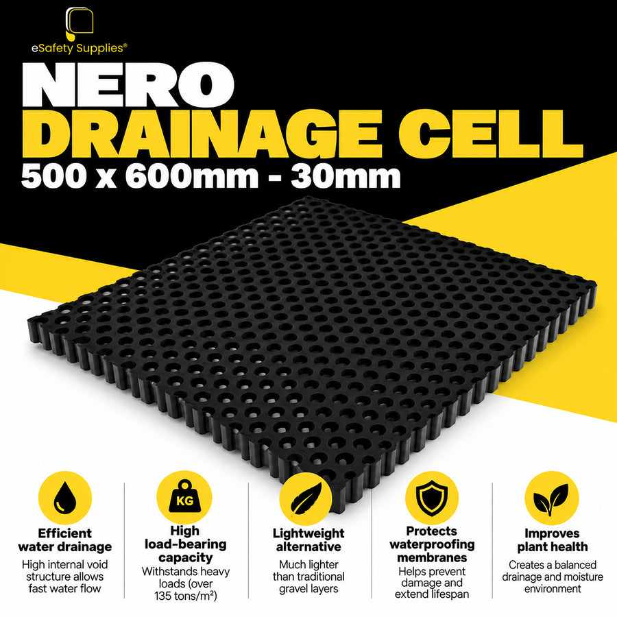 Black 500mm x 600mm x 30mm Nero drainage cell panel made from recycled polypropylene featuring an open lattice matrix for high-flow sub-surface water management.