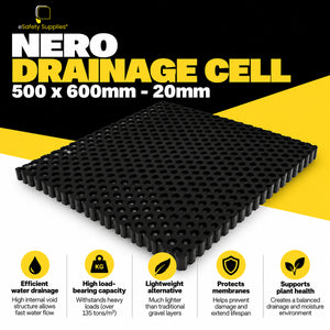 Black 500mm x 600mm x 20mm Nero drainage cell panel made from recycled polypropylene with a high-void lattice structure for sub-surface water management.