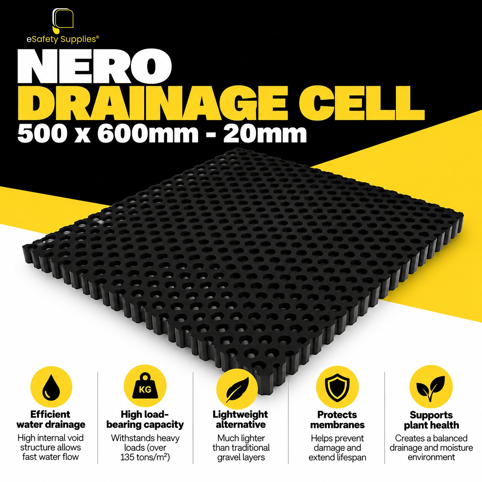 Black 500mm x 600mm x 20mm Nero drainage cell panel made from recycled polypropylene with a high-void lattice structure for sub-surface water management.
