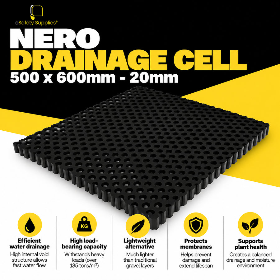 Black 500mm x 600mm x 20mm Nero drainage cell panel made from recycled polypropylene with a high-void lattice structure for sub-surface water management.