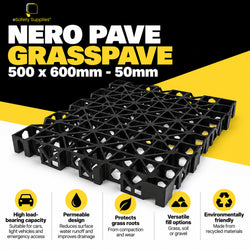 Black 500mm x 600mm x 50mm Nero Pave Grasspave honeycomb paver grid made from recycled polypropylene for permeable ground reinforcement.