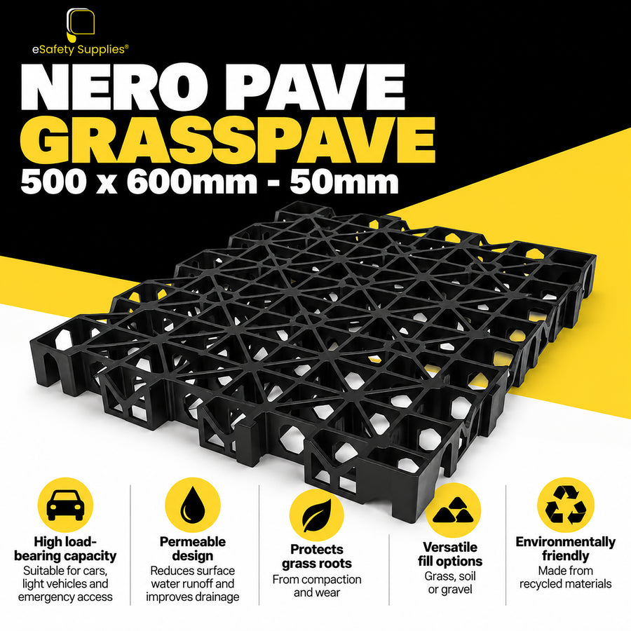 Black 500mm x 600mm x 50mm Nero Pave Grasspave honeycomb paver grid made from recycled polypropylene for permeable ground reinforcement.