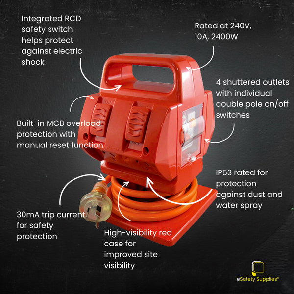 Close-up of the Individual Double Pole Switches and the manual MCB reset button on the heavy-duty safety switch.