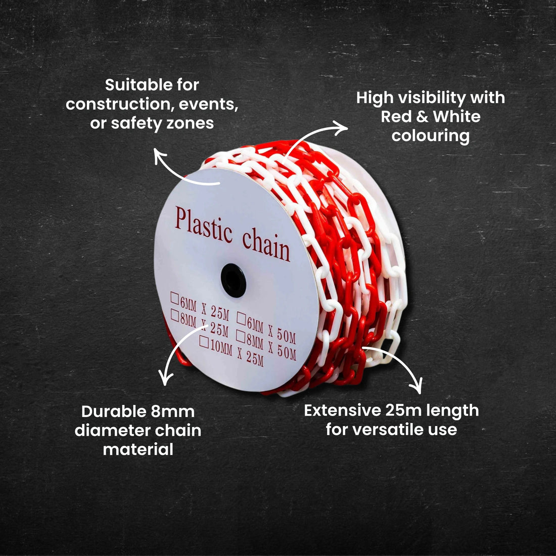Plastic Chain Roll | Red & White - 8mm Dia x 25m 0.4375 kg