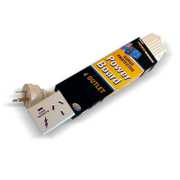 [4 Outlet Slimline Surge Protected Powerboard], showing the compact 4-way design with integrated surge protection for electronic devices.