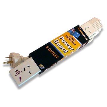 [6 Outlet Slimline Surge Protected Powerboard], showing the 6-way compact design with integrated surge protection.