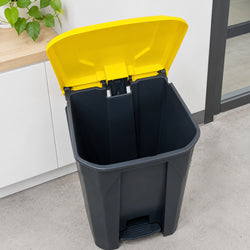Plastic foot-operated pedal bin used for hygienic, hands-free waste disposal in kitchens, offices, and commercial facilities.