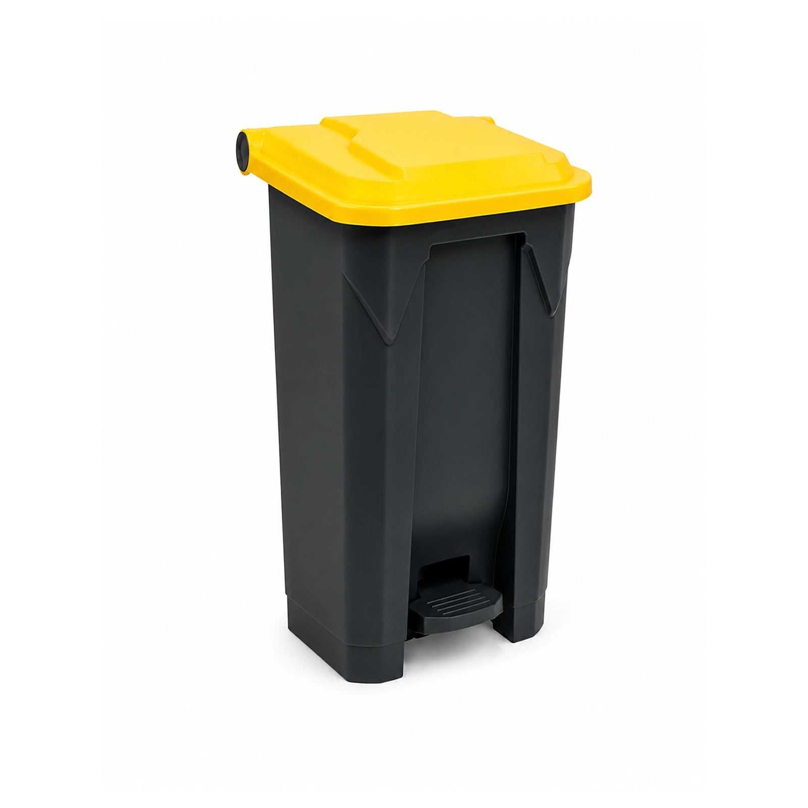 Heavy-duty HDPE plastic foot-pedal bin with a hands-free flip lid, available in 30L, 50L, 80L, and 100L capacities.