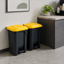 Hands-free foot pedal waste bin in durable plastic.