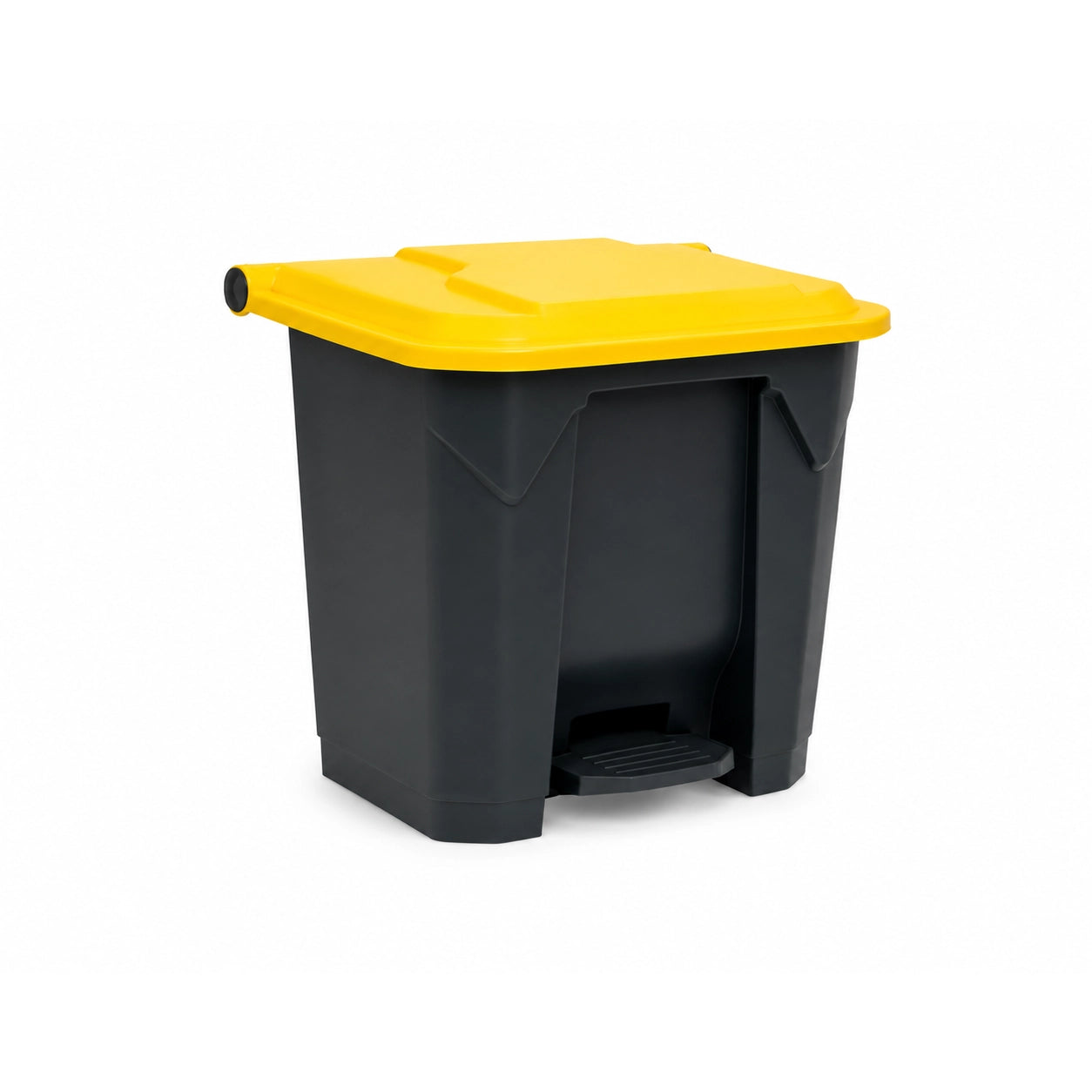 Heavy-duty HDPE plastic foot-pedal bin with a hands-free flip lid, available in 30L, 50L, 80L, and 100L capacities.