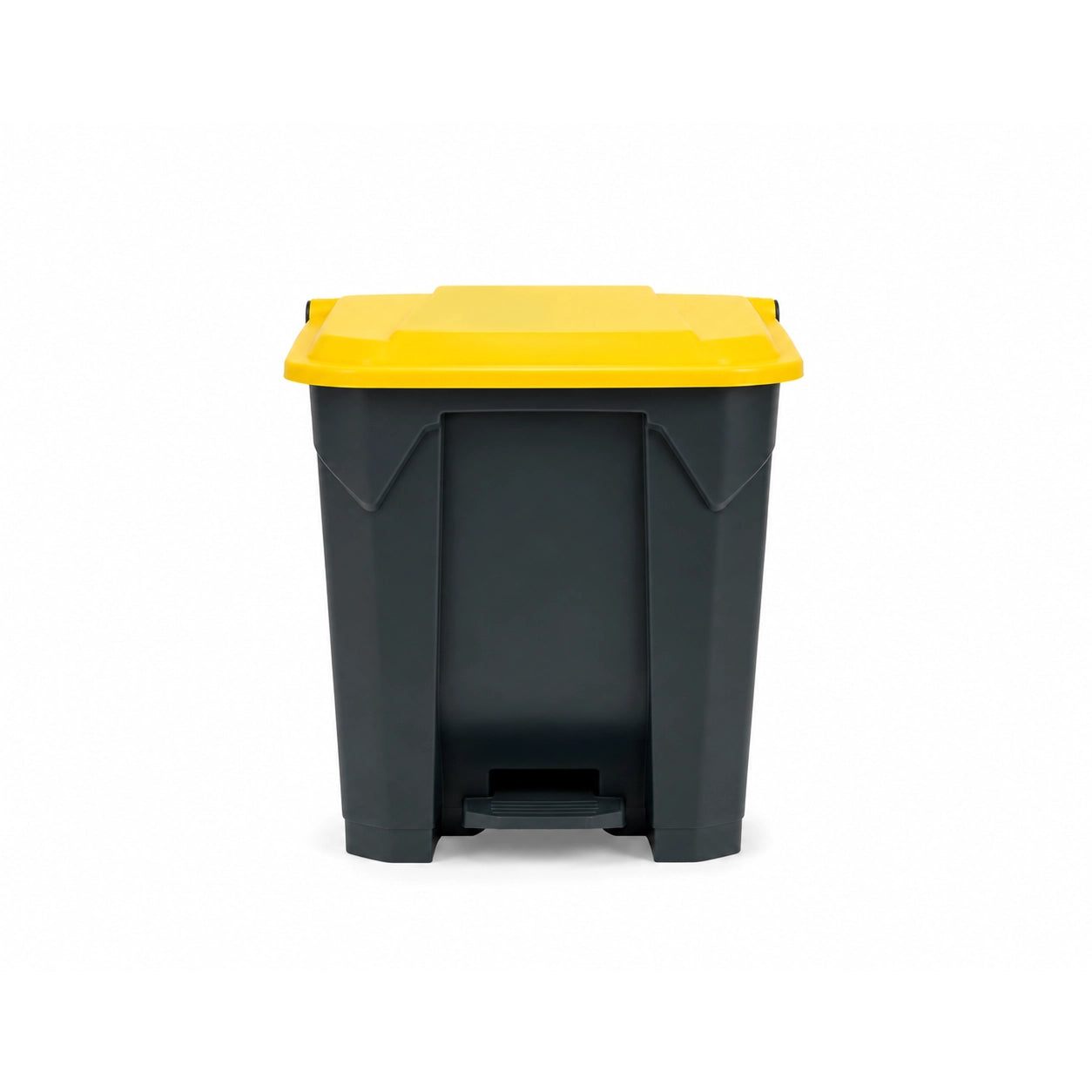 Hands-free foot pedal waste bin in durable plastic.