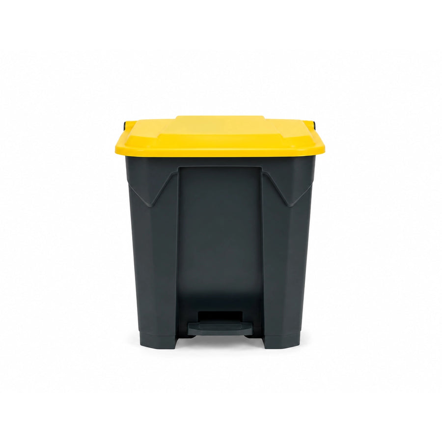 Hands-free foot pedal waste bin in durable plastic.