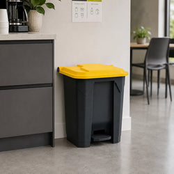 Heavy-duty HDPE plastic foot-pedal bin with a hands-free flip lid, available in 30L, 50L, 80L, and 100L capacities.