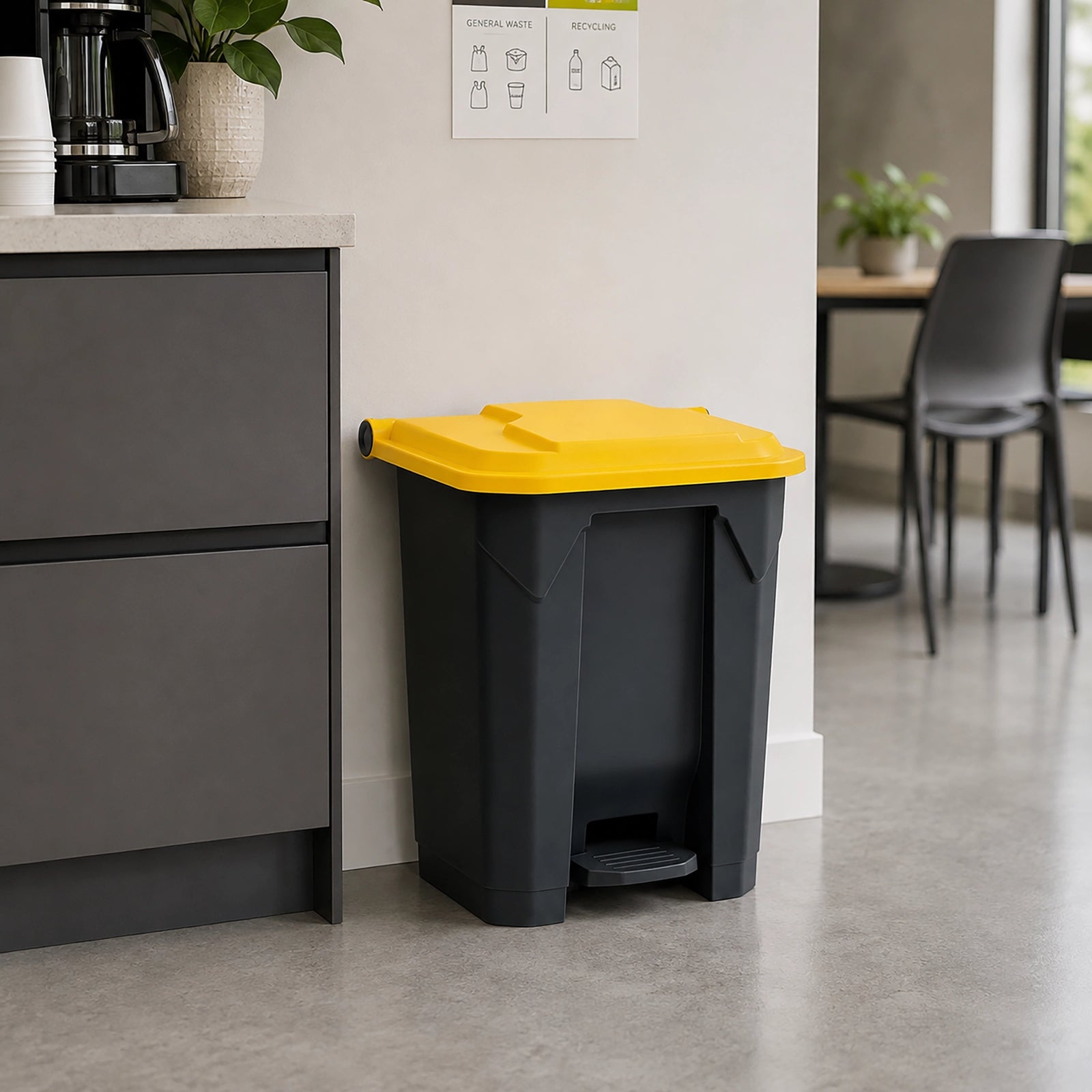 Heavy-duty HDPE plastic foot-pedal bin with a hands-free flip lid, available in 30L, 50L, 80L, and 100L capacities.
