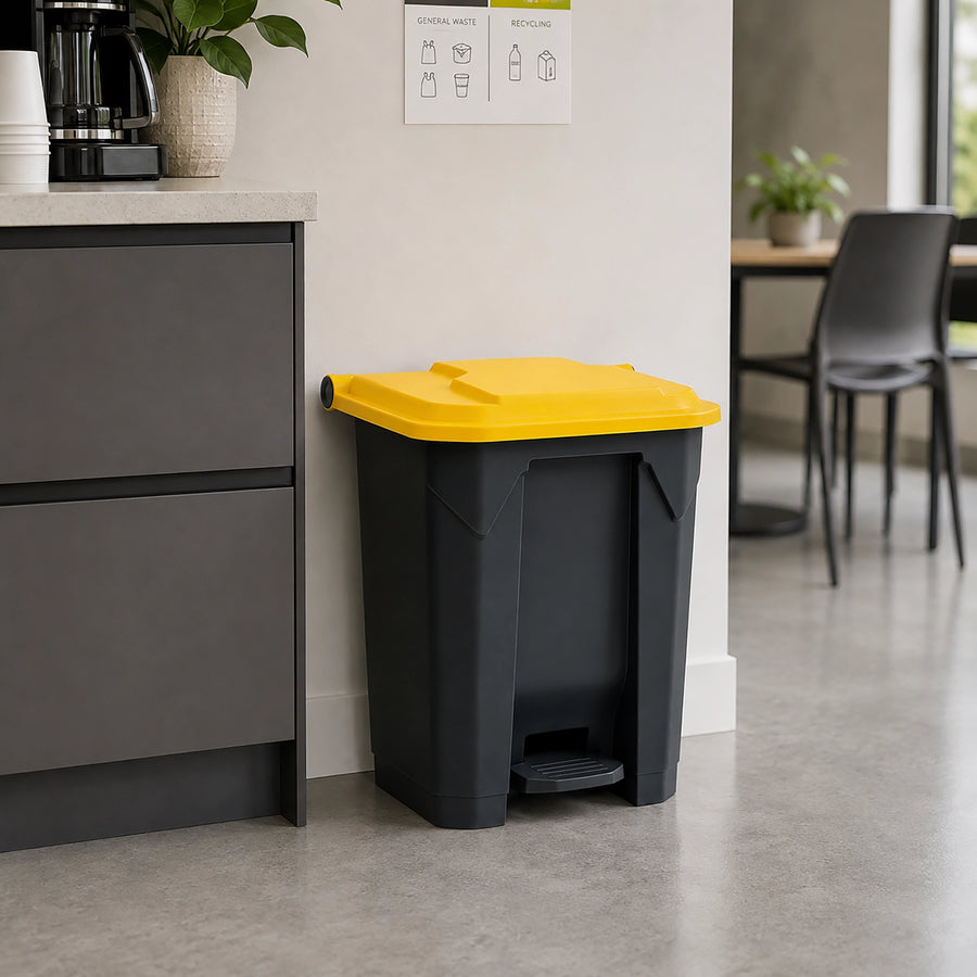 Heavy-duty HDPE plastic foot-pedal bin with a hands-free flip lid, available in 30L, 50L, 80L, and 100L capacities.