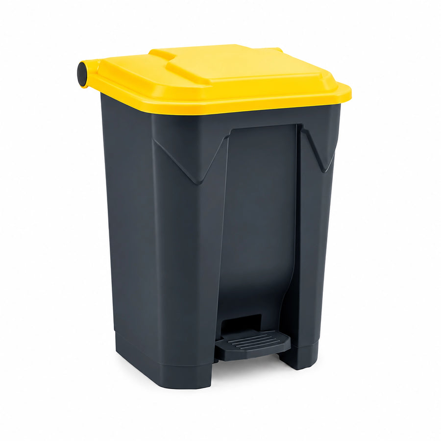 Plastic foot-operated pedal bin used for hygienic, hands-free waste disposal in kitchens, offices, and commercial facilities.