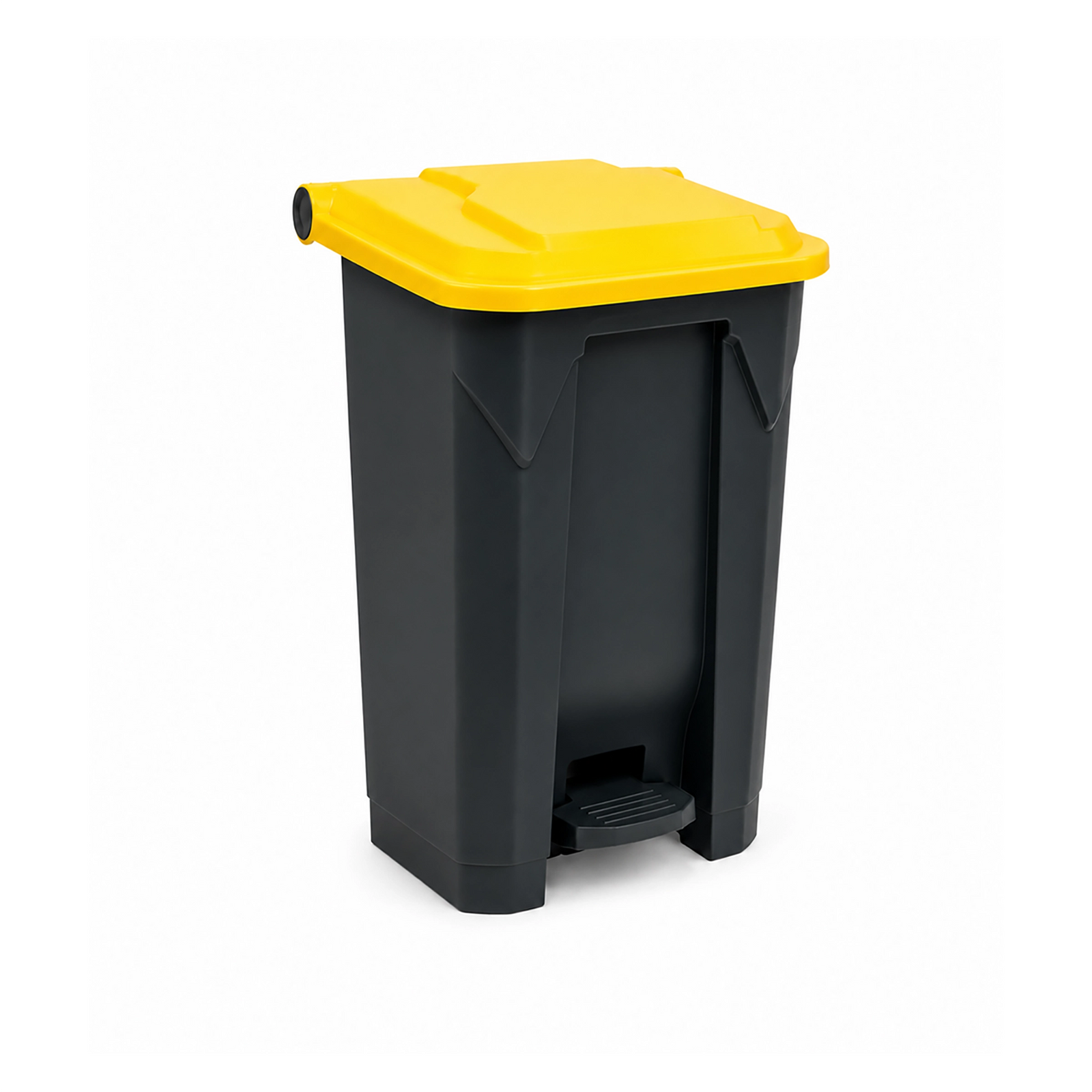 Hands-free foot pedal waste bin in durable plastic.