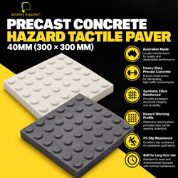 300mm x 300mm x 40mm heavy-duty precast concrete hazard tactile paver featuring raised warning studs and synthetic fibre reinforcement.