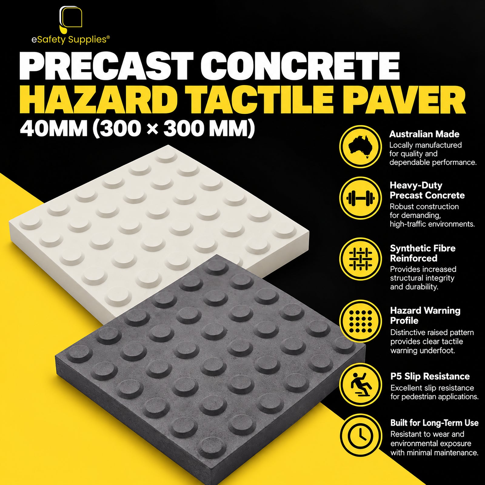 300mm x 300mm x 40mm heavy-duty precast concrete hazard tactile paver featuring raised warning studs and synthetic fibre reinforcement.