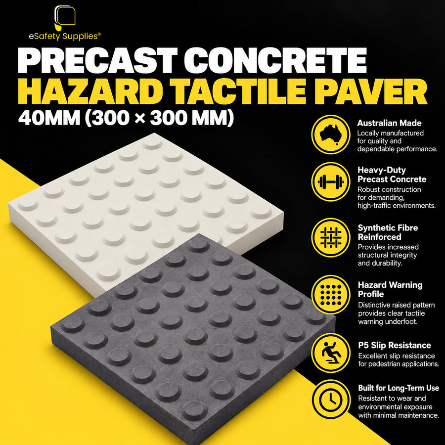 300mm x 300mm x 40mm heavy-duty precast concrete hazard tactile paver featuring raised warning studs and synthetic fibre reinforcement.