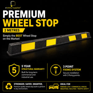 Premium 100% recycled rubber wheel stop with molded yellow reflective chevrons and three fixing holes for parking space safety.
