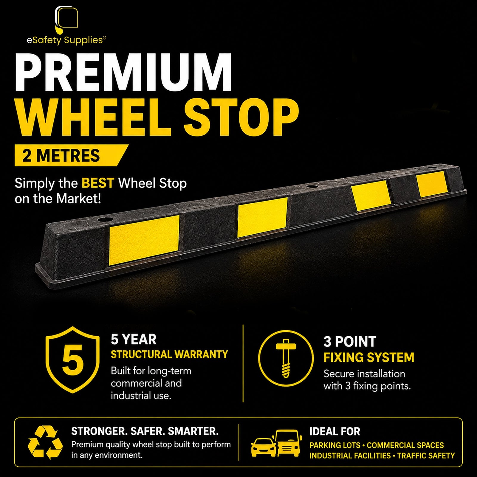 Premium 100% recycled rubber wheel stop with molded yellow reflective chevrons and three fixing holes for parking space safety.