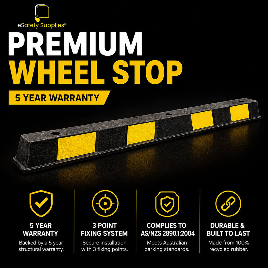 Premium 1650mm recycled rubber wheel stop with high-visibility yellow reflective chevrons and three mounting holes for commercial parking spaces.