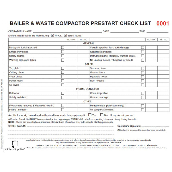 Bailer & Waste Compactor Prestart Checklist