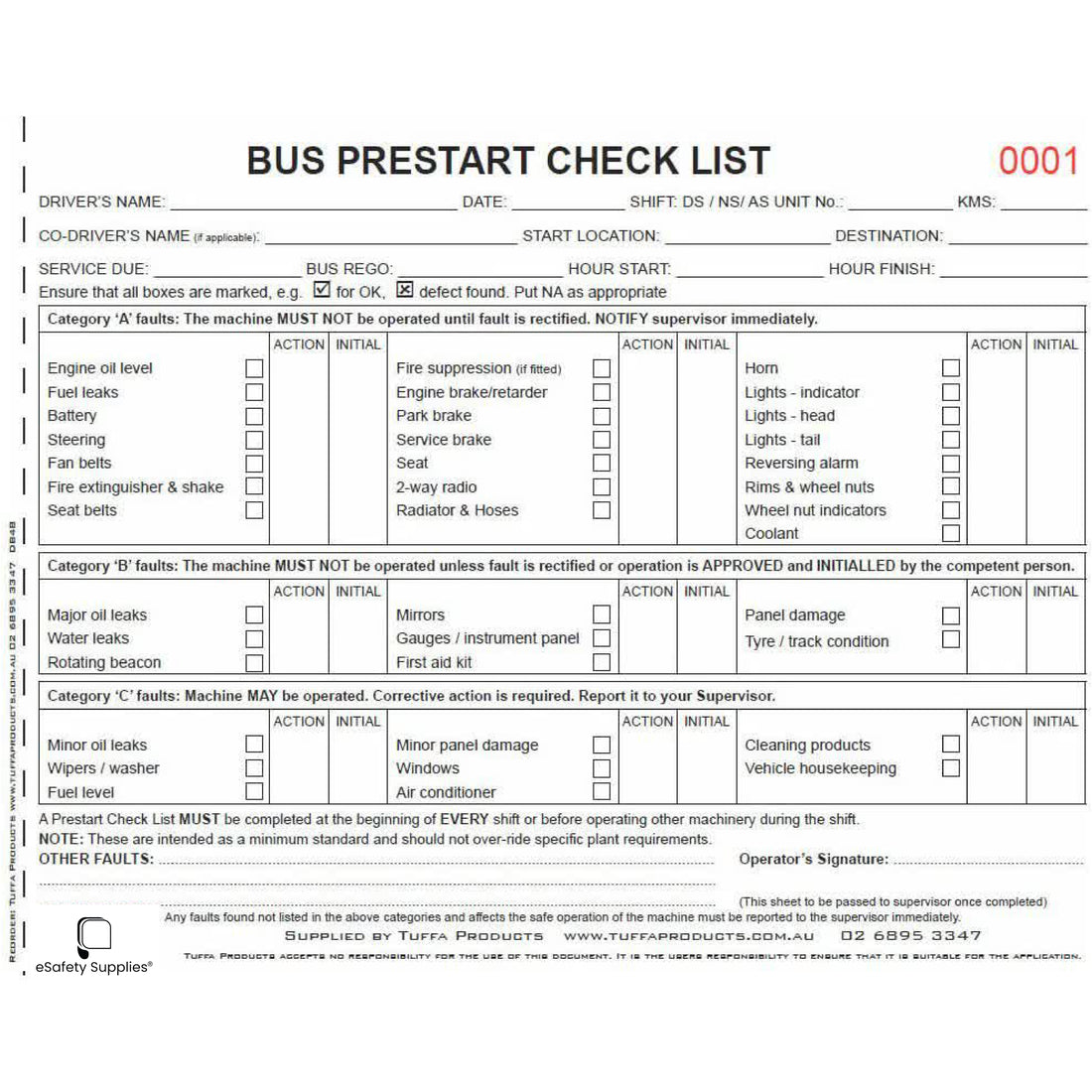 Bus Prestart Checklist Books