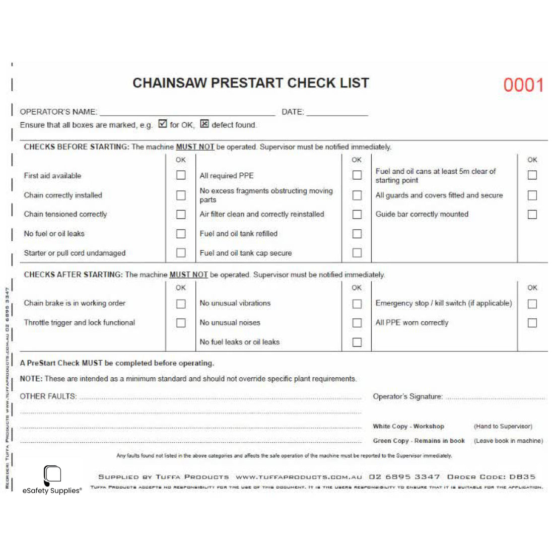 Chainsaw Prestart Checklist Books