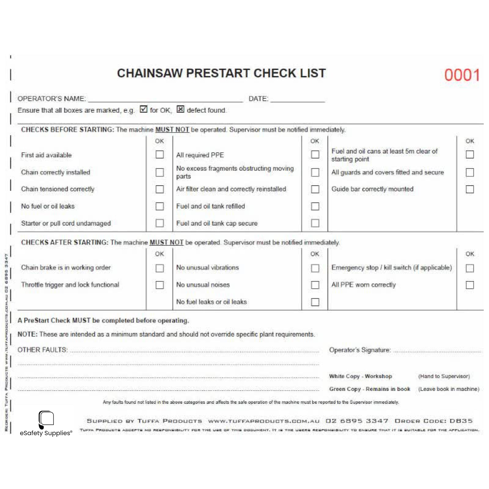 Chainsaw Prestart Checklist Books