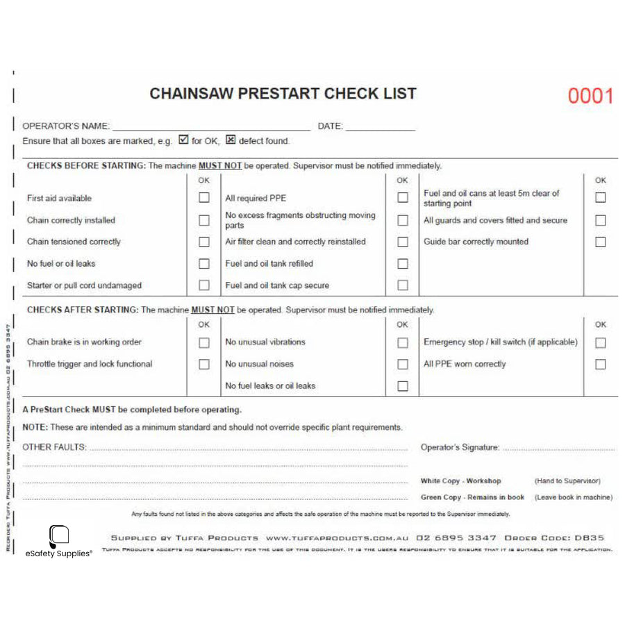 Chainsaw Prestart Checklist Books