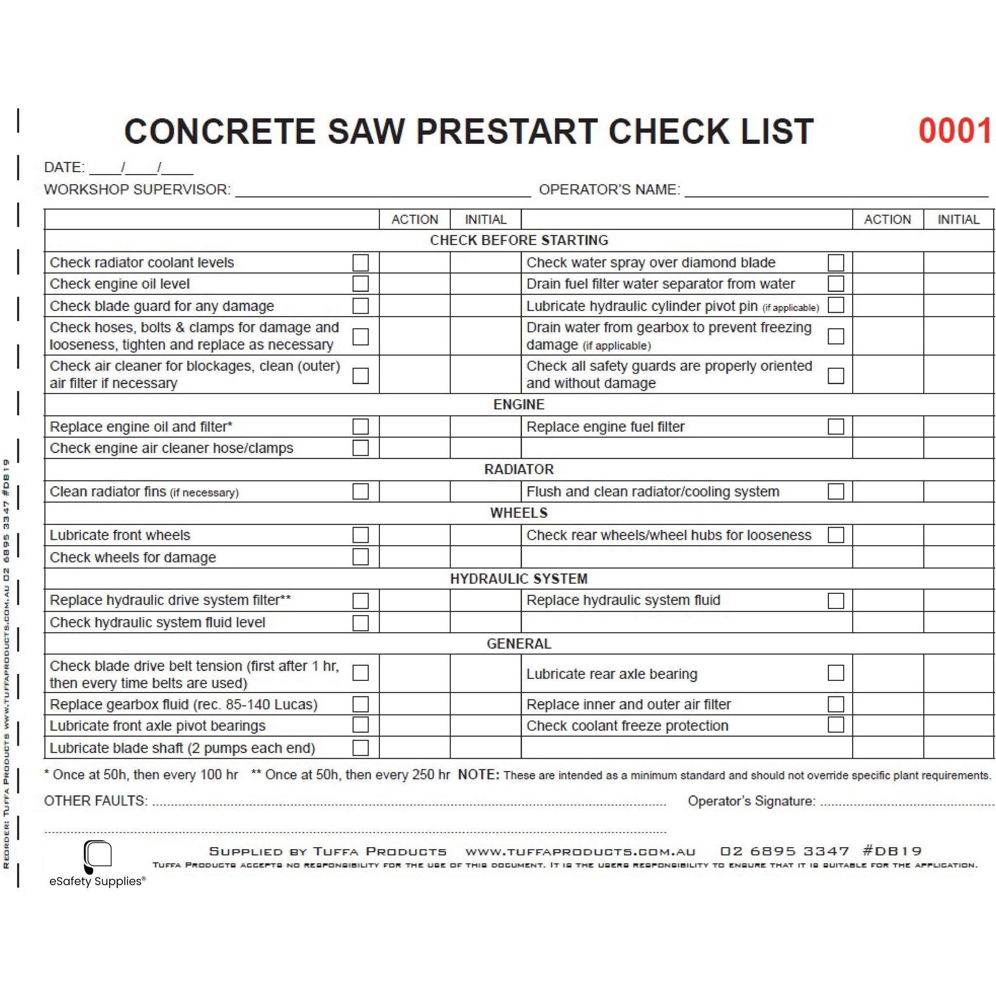 Concrete Saw Prestart Books