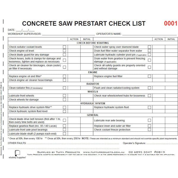 Concrete Saw Prestart Books