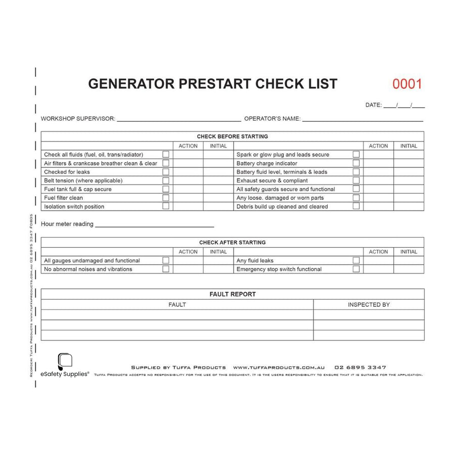 Generator / Welder Prestart Checklist Book